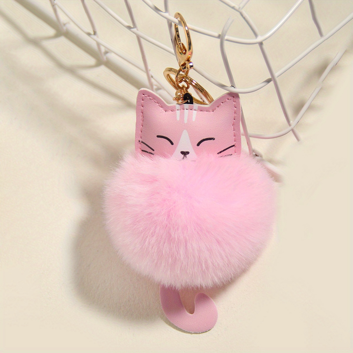 Animal Cat Pom Pom Keychain Faux Fluffy Key Ring for Women Girls