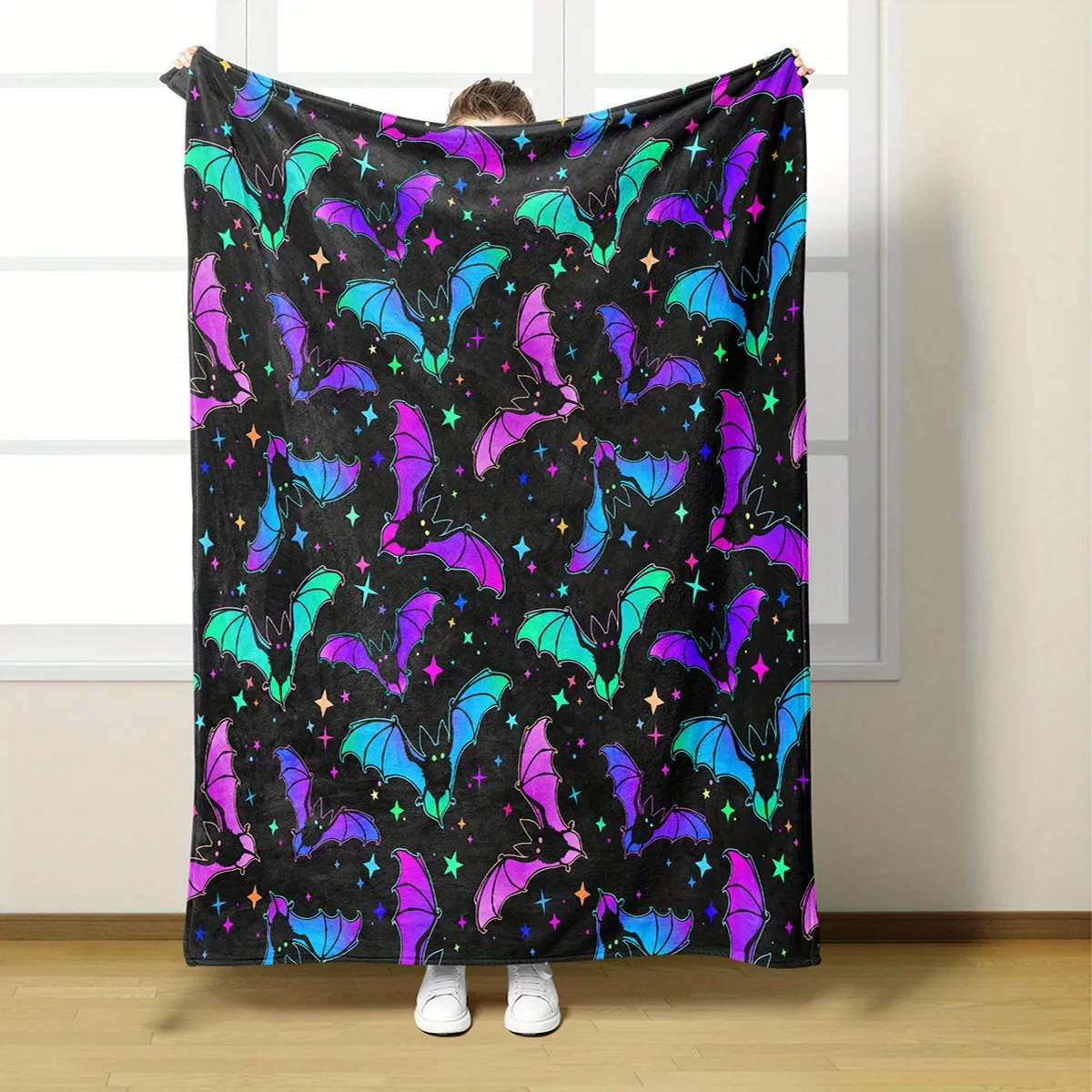 1pc Flannel Blanket, Colorful Bat Print Blanket, Warm Cozy Soft Throw Blanket For Couch Bed Sofa