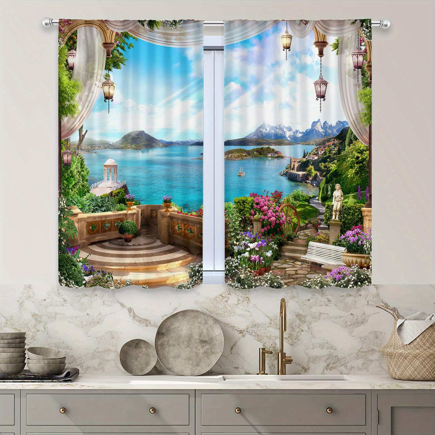 Seascape Printed Curtains, Rod Pocket Curtain Suitable For Kitchen ...