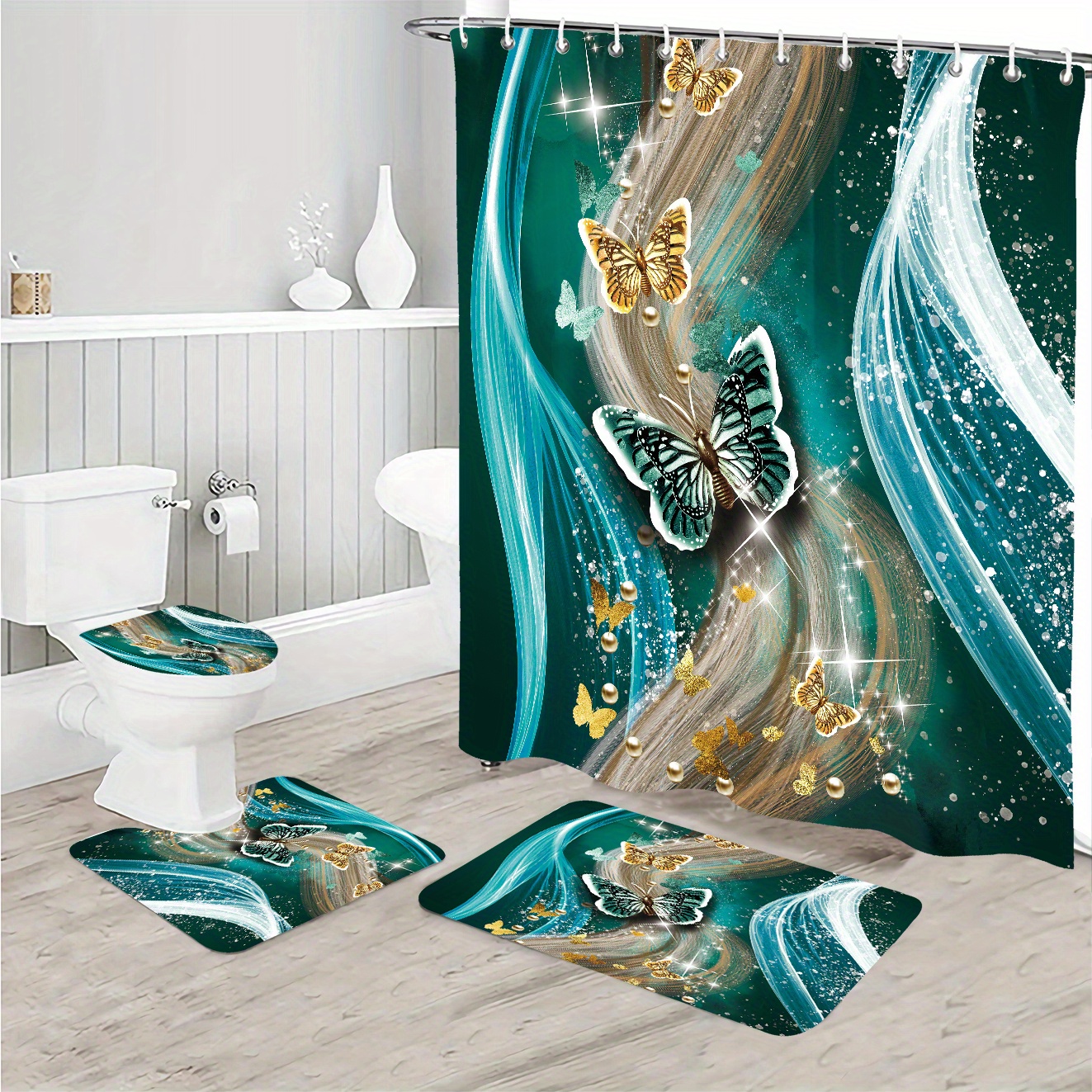 3D Romantic Love Heart Shower Curtain Bath Mat Toilet Lid Cover