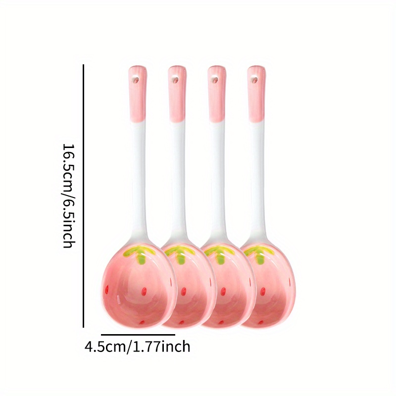 2/4/6pcs Ceramic Long Handle Soup Spoon With Strawberry Pattern For Home  Use Or Desserts