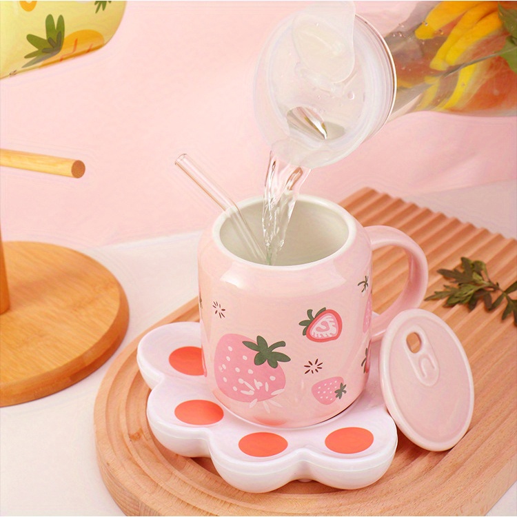 400ml Ceramic Coffee Mug Strawberry Water Cup with Lid and Spoon Strawberry  Tea Cup Water Bottle Porcelain Mugs Coffee Cups