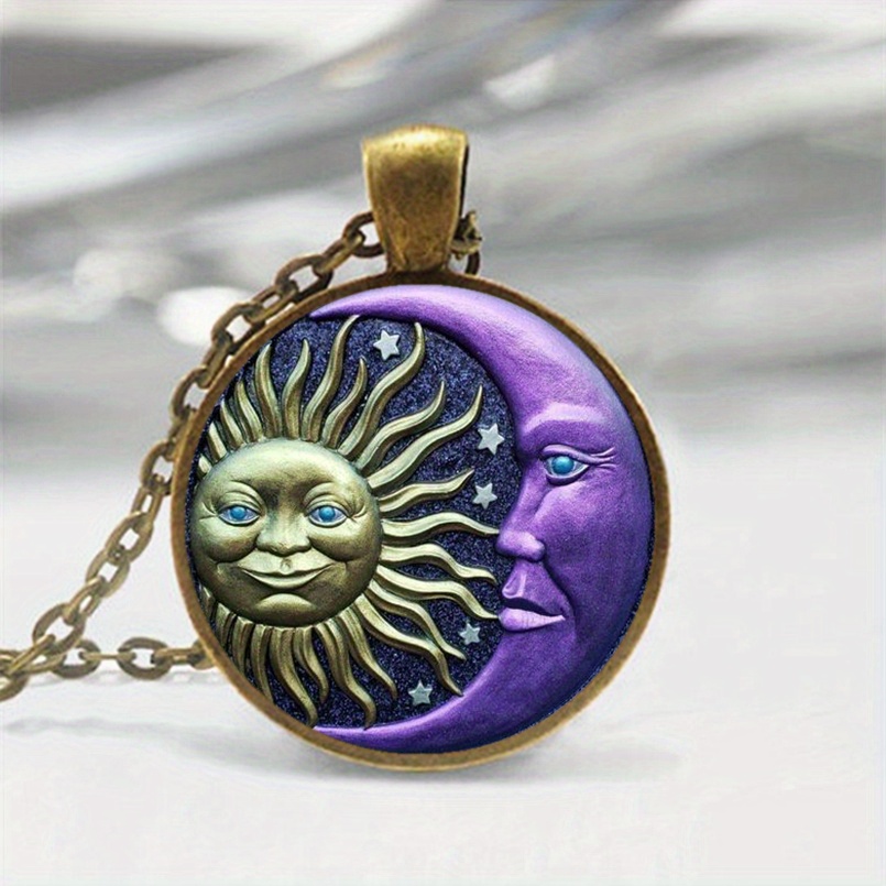 funky colorful moon sun face pattern round pendant necklace jewelry accessories gifts, funky colorful moon sun face pattern round pendant necklace jewelry accessories gifts for men women bronze 6