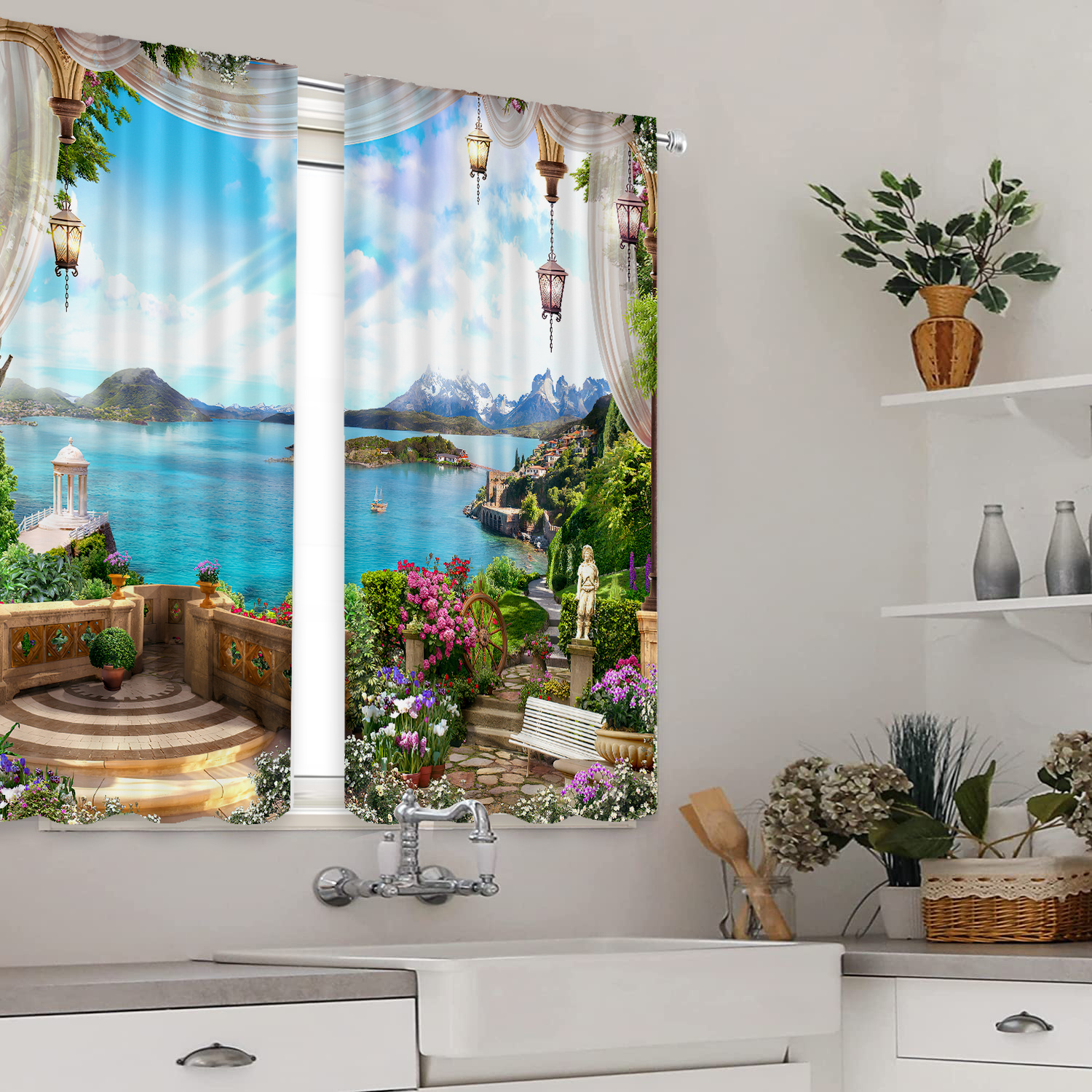 Seascape Printed Curtains, Rod Pocket Curtain Suitable For Kitchen ...