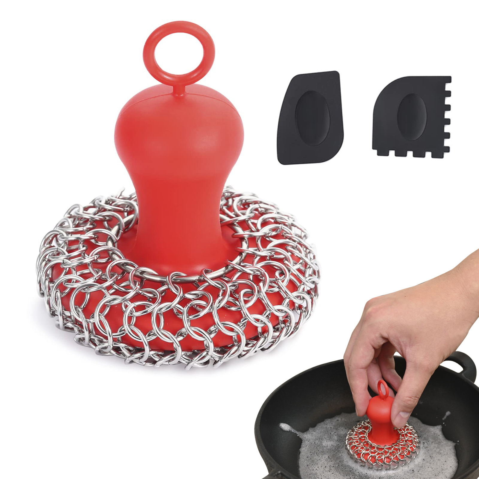 Cast Iron Chainmail Scrubber + Pan Scraper - Deluxe Ergonomic Stainless and  Silicone Cleaner for Pots and Skillets - Food-Safe Design - Easy to Clean  Dishwasher Safe Cookware Sponge Kitchen Accessory