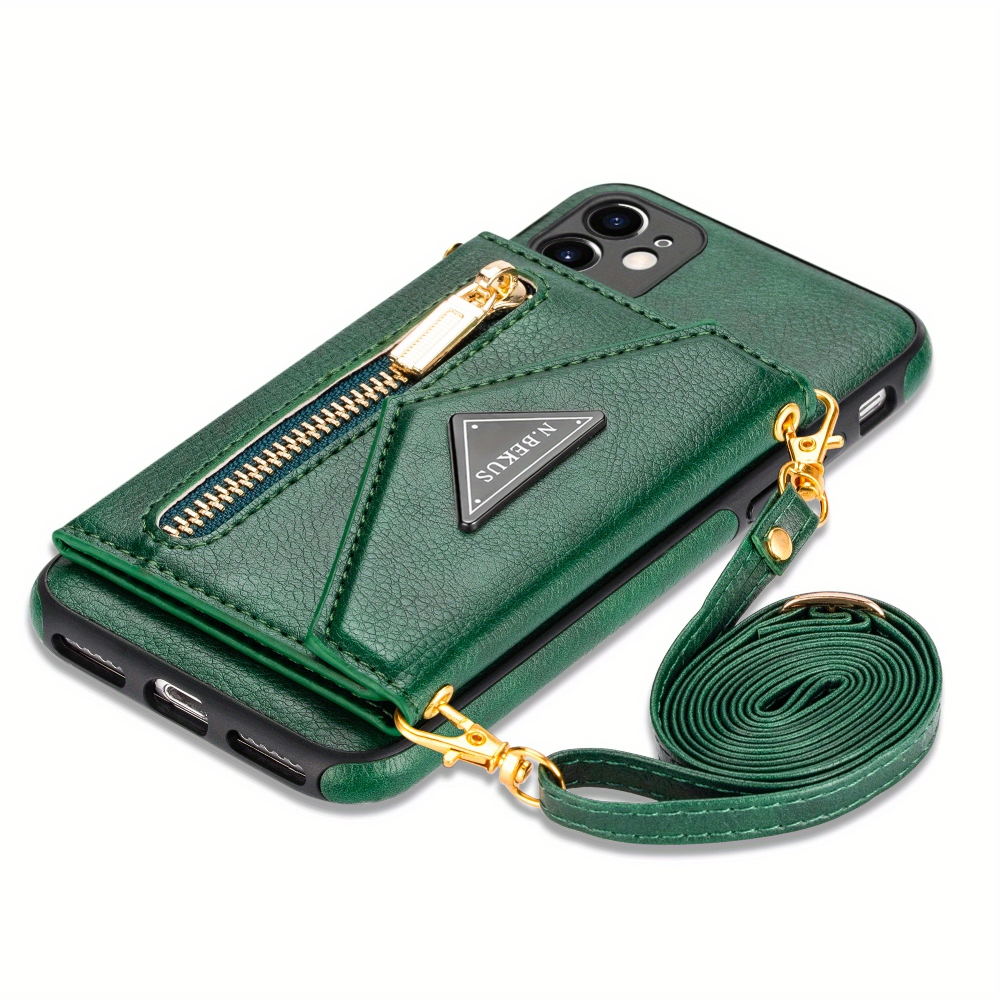 Crossbody iPhone Wallet With Long Strap Green Faux Patent 