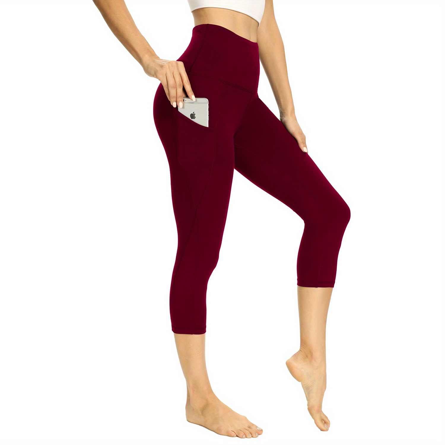 Solid Color Yoga Capri Leggings High Waist Elastic Workout - Temu