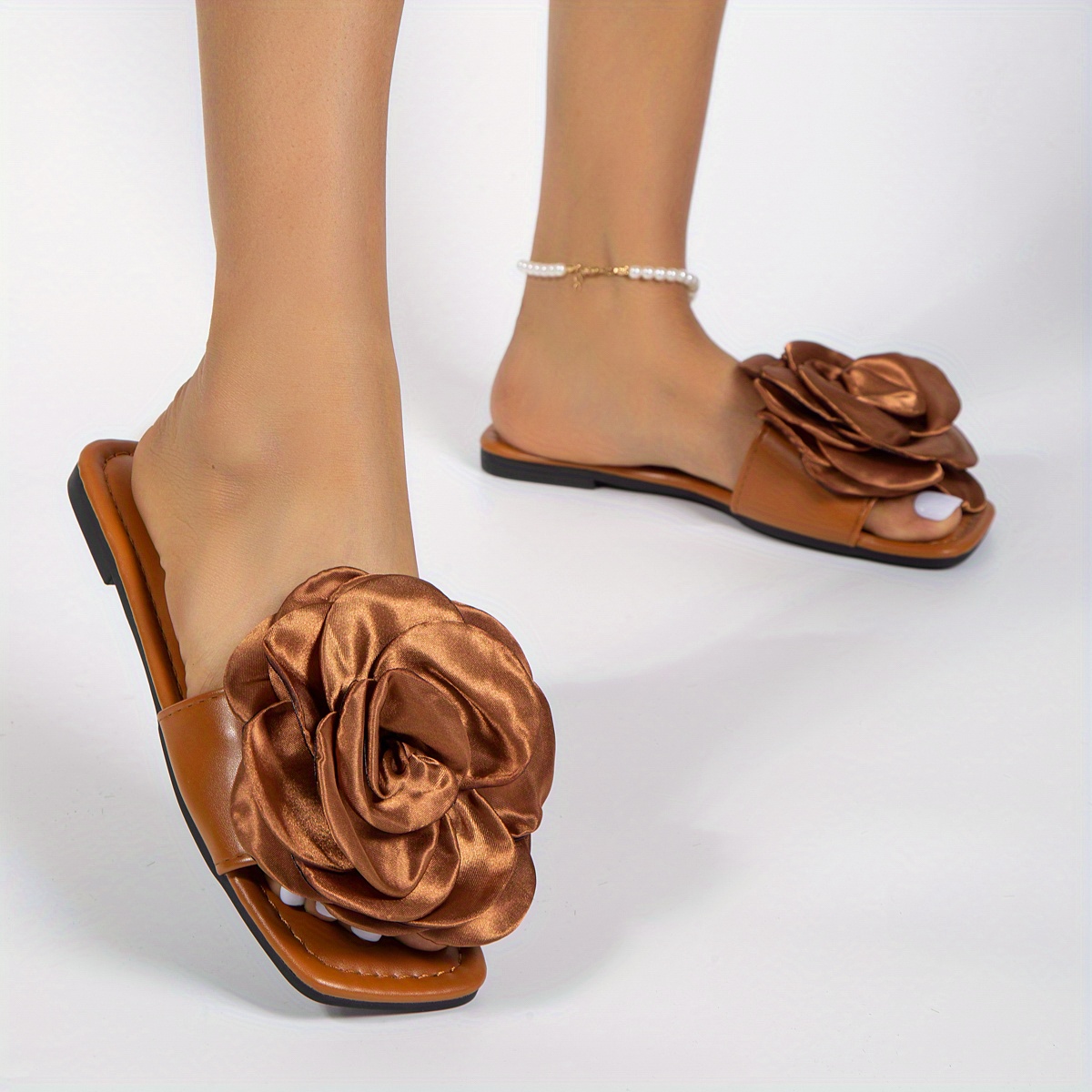 Women's Satin Flower Flat Slides, Fashionable Square Open Toe Shoes,  Versatile Indoor Outdoor Slides