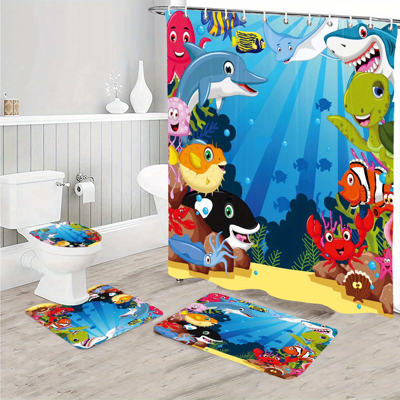 Singingin Shower Curtain Set with Bathroom Rugs and Mats Cartoon