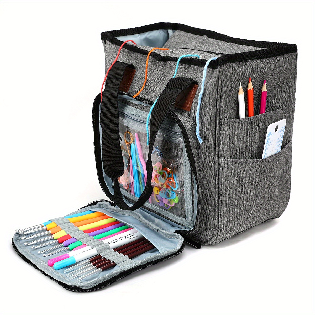 Knitting Bag - Yarn Tote Organizer w/Tool Case, 7 Pockets +