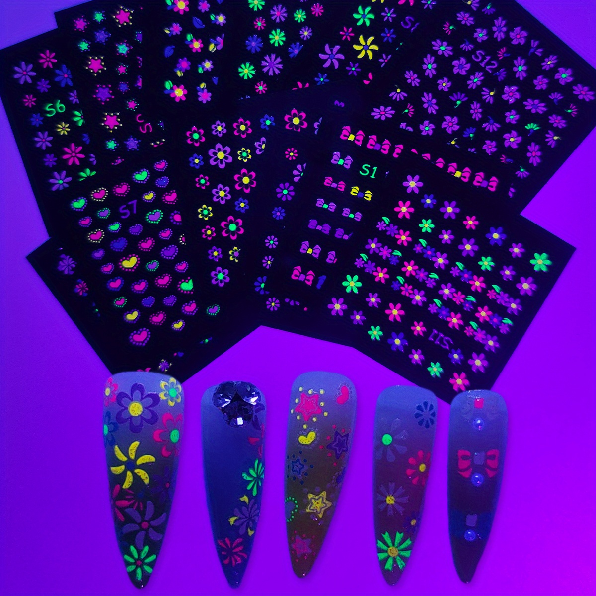 Glow In Dark 3d Nail Stickers Butterfly Flower Leaf Angel Temu 