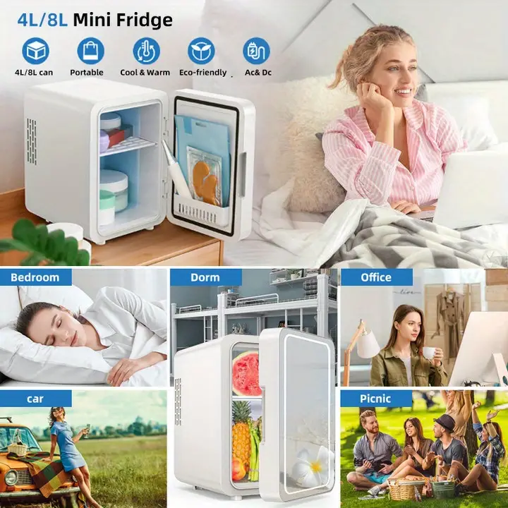 mini refrigerator 4 liter 6 can small refrigerator ac dc cooler warmer for bedroom dorm car office desk portable compact tiny skincare fridge for skin care cosmetic makeup white details 0