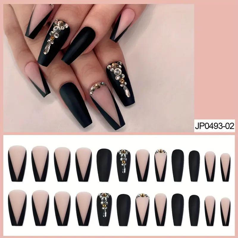 Long Luxury Rhinestone Fake Nails Black French Tips Press On False Nails  Natural Full Cover Coffin Artificial Fake Nails For Women Girls, Halloween  Nails - Temu