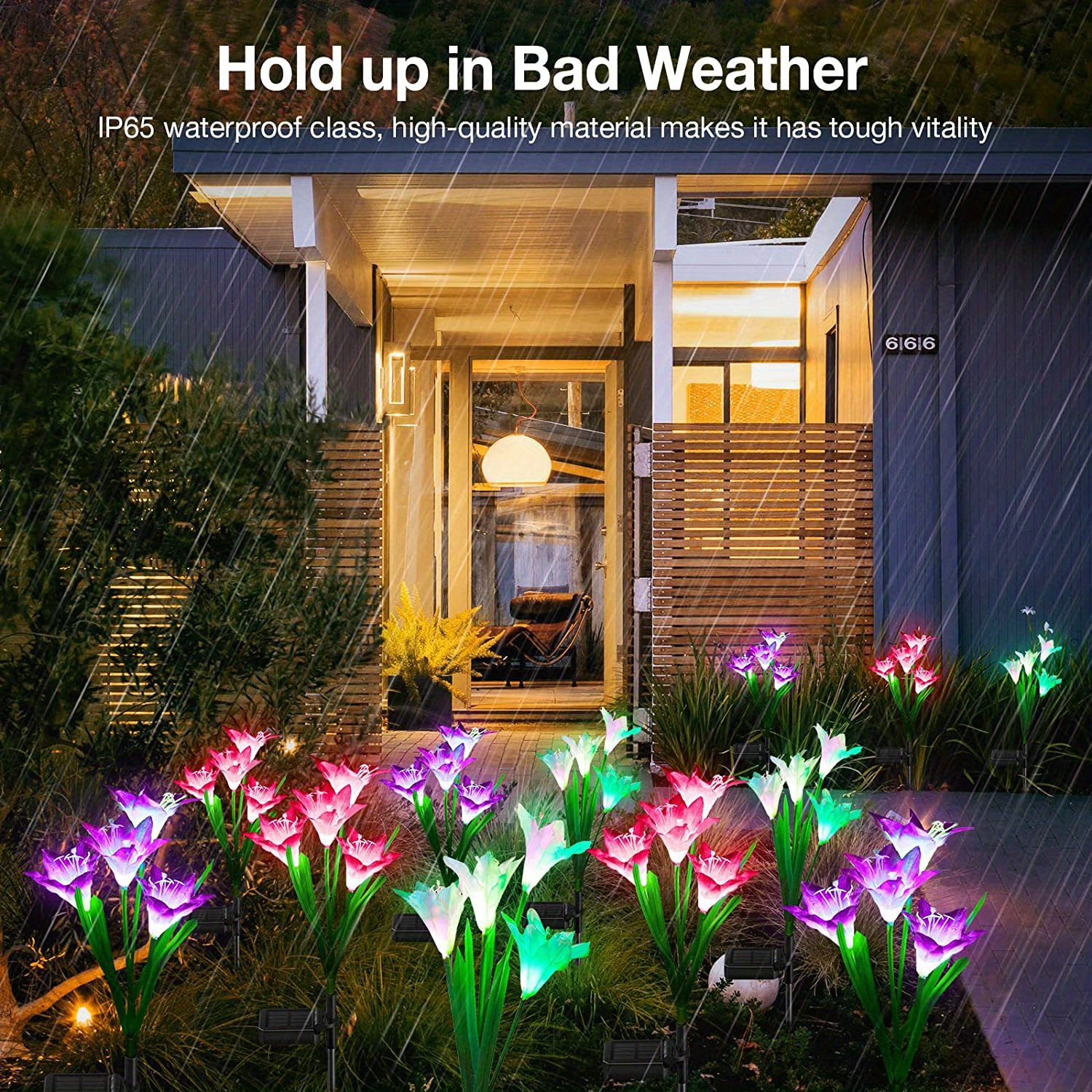 4pcs 6pcs outdoor solar garden lights with 4pcs lily flower heads waterproof 7 color changing outdoor lights solar panel for outdoor patio yard garden decoration details 5