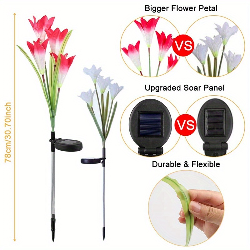 4pcs 6pcs outdoor solar garden lights with 4pcs lily flower heads waterproof 7 color changing outdoor lights solar panel for outdoor patio yard garden decoration details 2