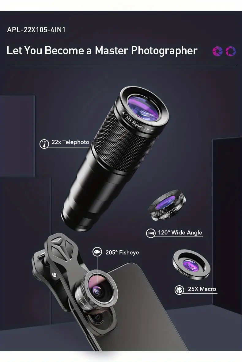 apexel optic hd kit for phone camera lens kit 4in1 telephoto zoom monocular telescope 22x lens macro wide fisheye with remote tripod details 11