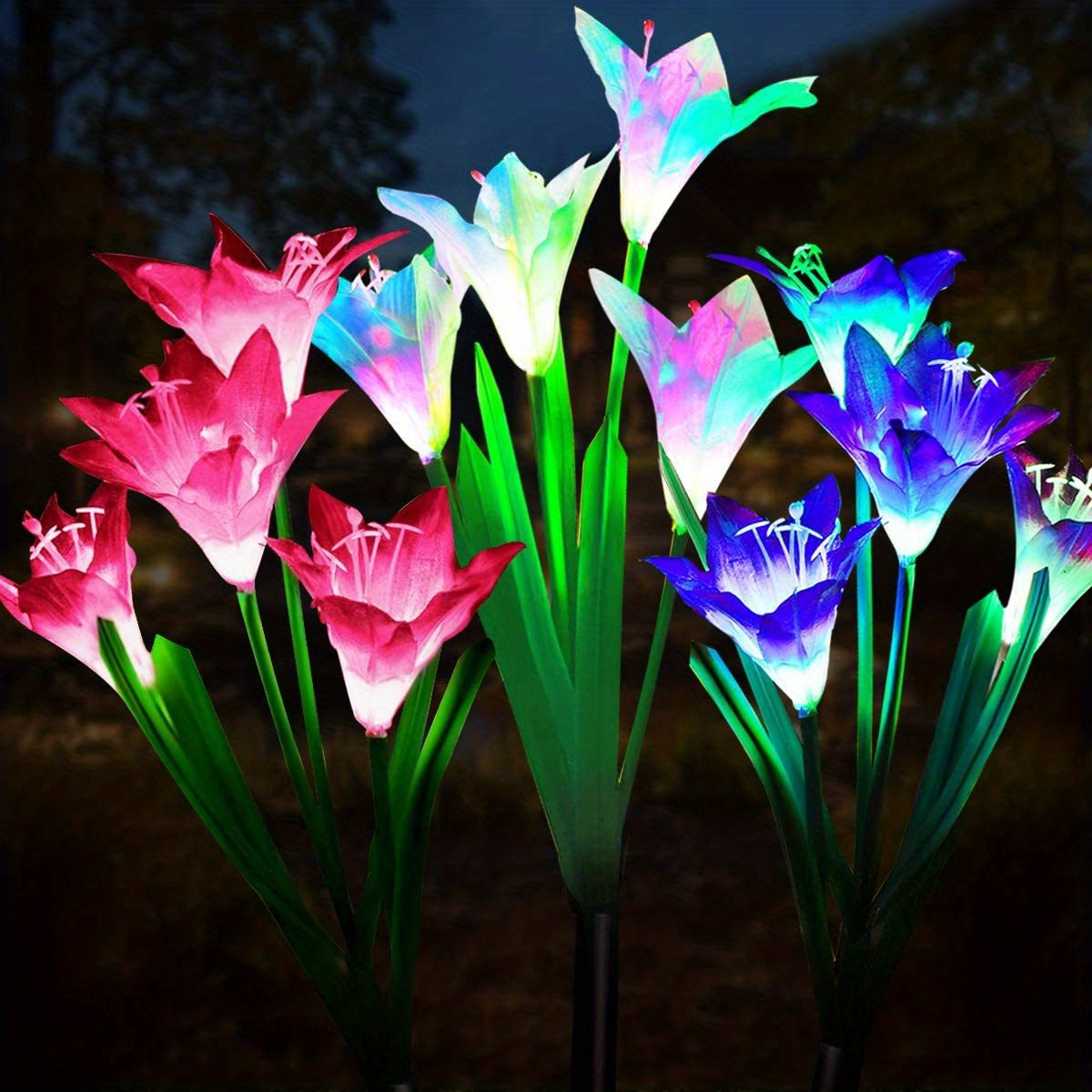 4pcs 6pcs outdoor solar garden lights with 4pcs lily flower heads waterproof 7 color changing outdoor lights solar panel for outdoor patio yard garden decoration details 1