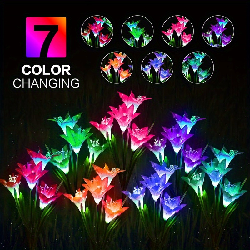 4pcs 6pcs outdoor solar garden lights with 4pcs lily flower heads waterproof 7 color changing outdoor lights solar panel for outdoor patio yard garden decoration details 3