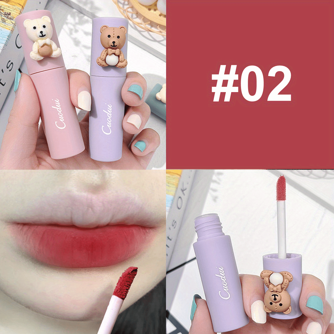 1pc Cute Cartoon Embossed Lip Gloss Matte Lipstick Easy To Color