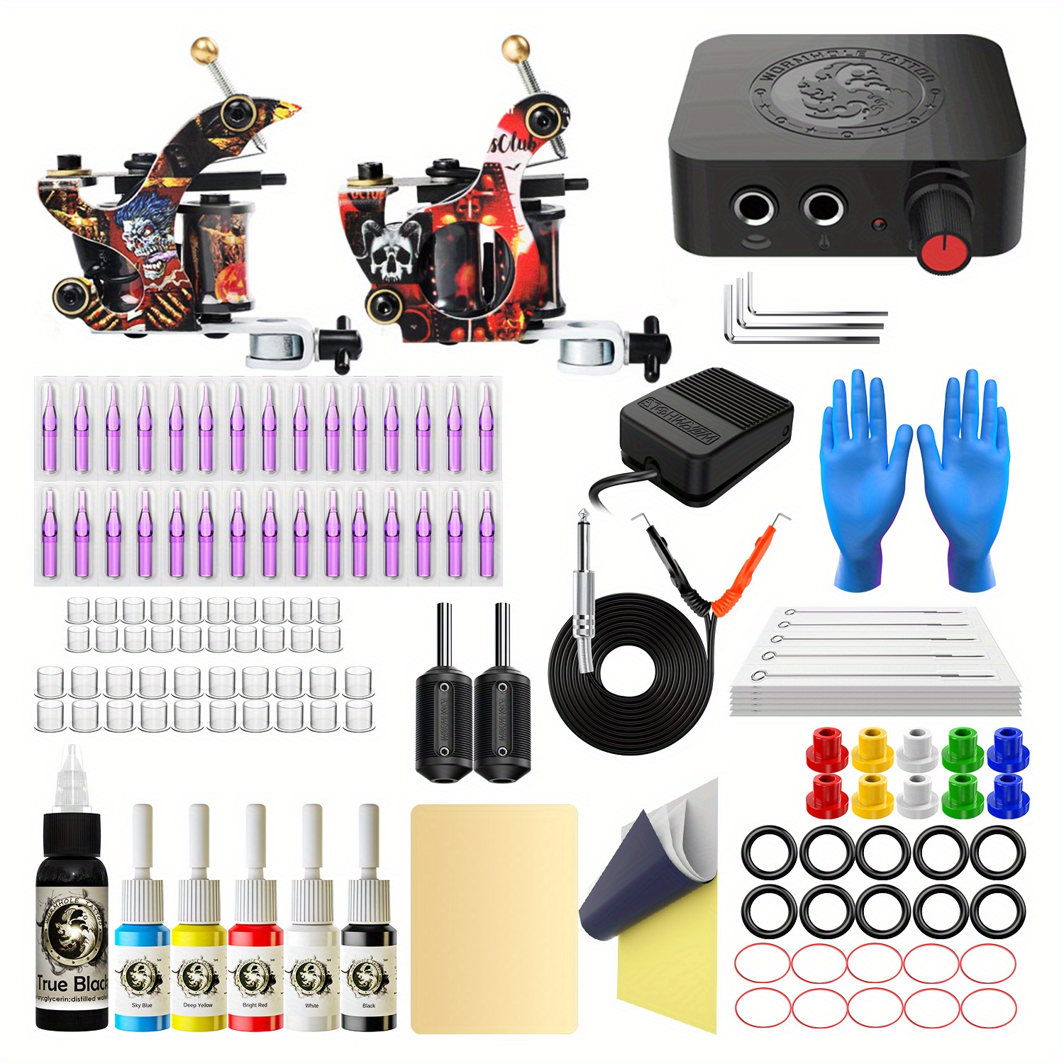 Tattoo Supplies Kit - Complete Tattoo Machine Kit Including 2 Pro Coils  Tattoo Gun Needles Tips Grips Foot Pedal Power Supply Tattoo Accessories  for