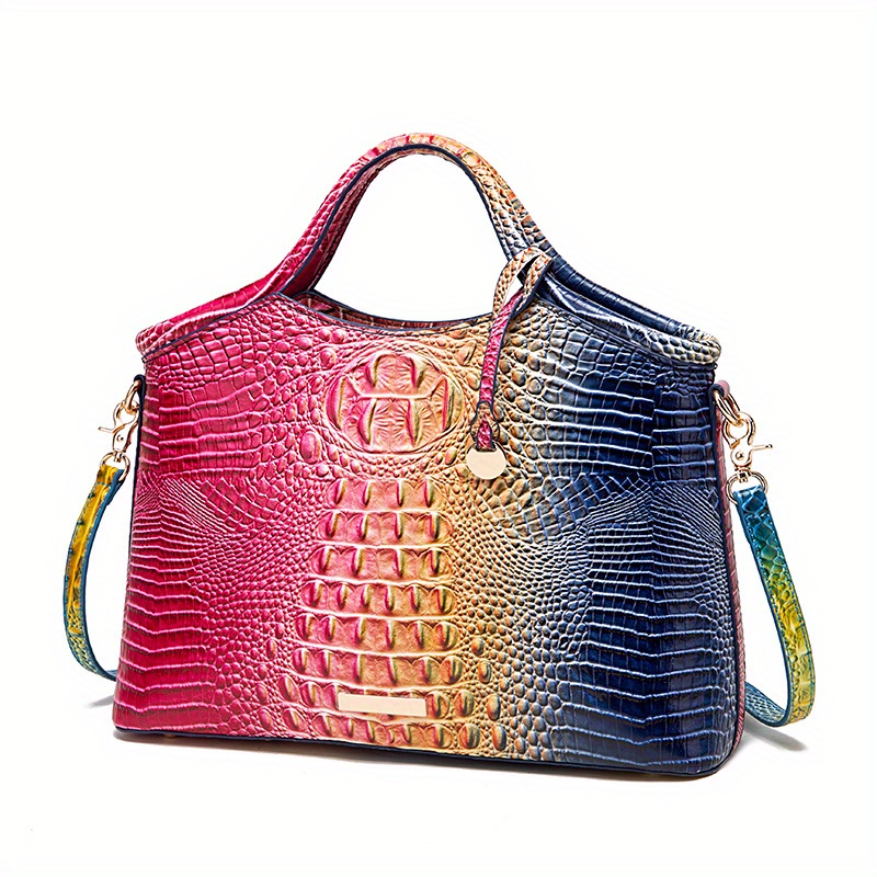 Fashionable Solid Color Crocodile Pattern Handbag With Metallic Decoration