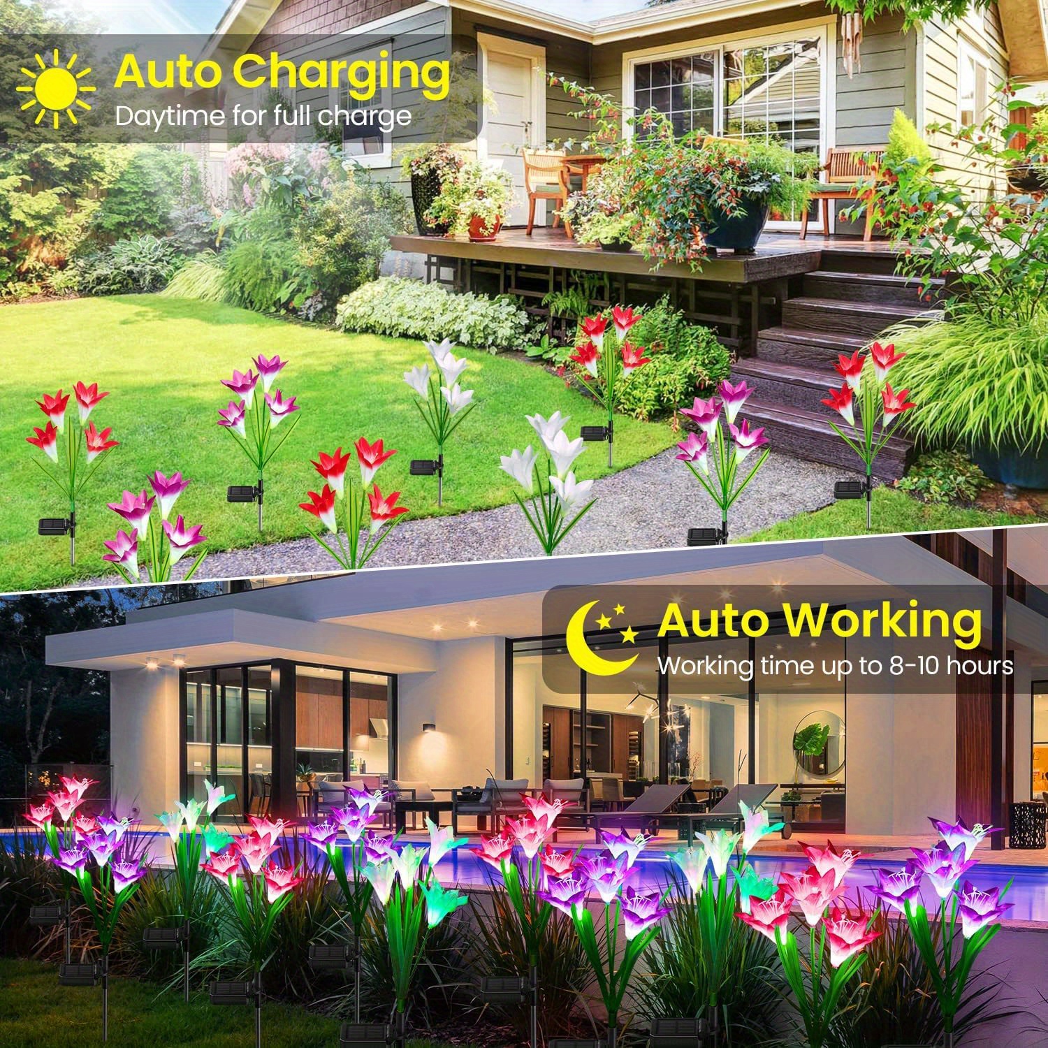 4pcs 6pcs outdoor solar garden lights with 4pcs lily flower heads waterproof 7 color changing outdoor lights solar panel for outdoor patio yard garden decoration details 4