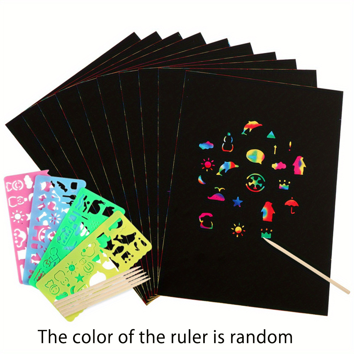 Lot de cartes en papier magique couleur arc-en-ciel pour enfants, lot de 50  feuilles de papier à gratter avec pochoir Graffiti pour bâton de dessin,  jouet de peinture à faire soi-même