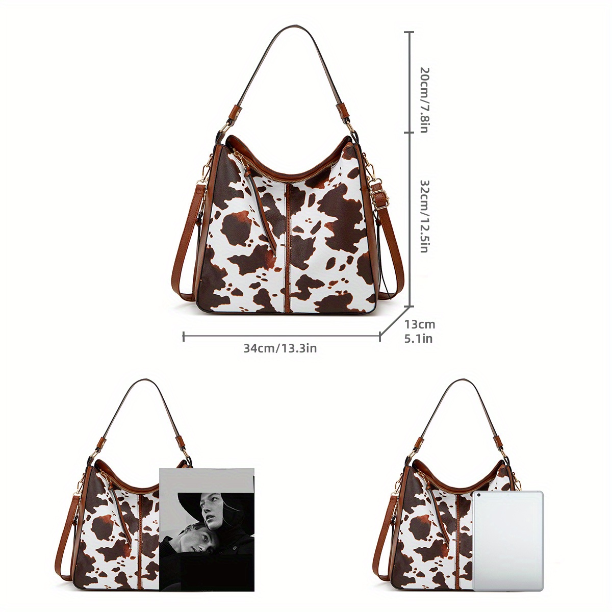 Retro Style Cow Print Tote Bag, Tassel Zipper Shoulder Bag