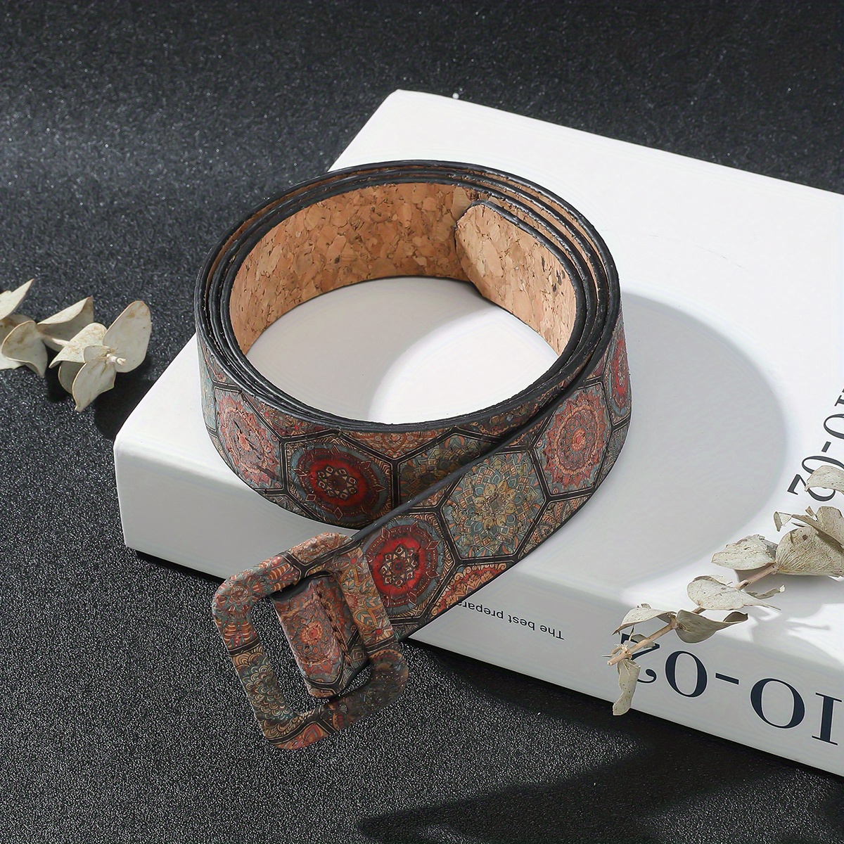 Wood Grain Faux Leather Belt Boho Rectangular Buckle Jeans Pants Belt