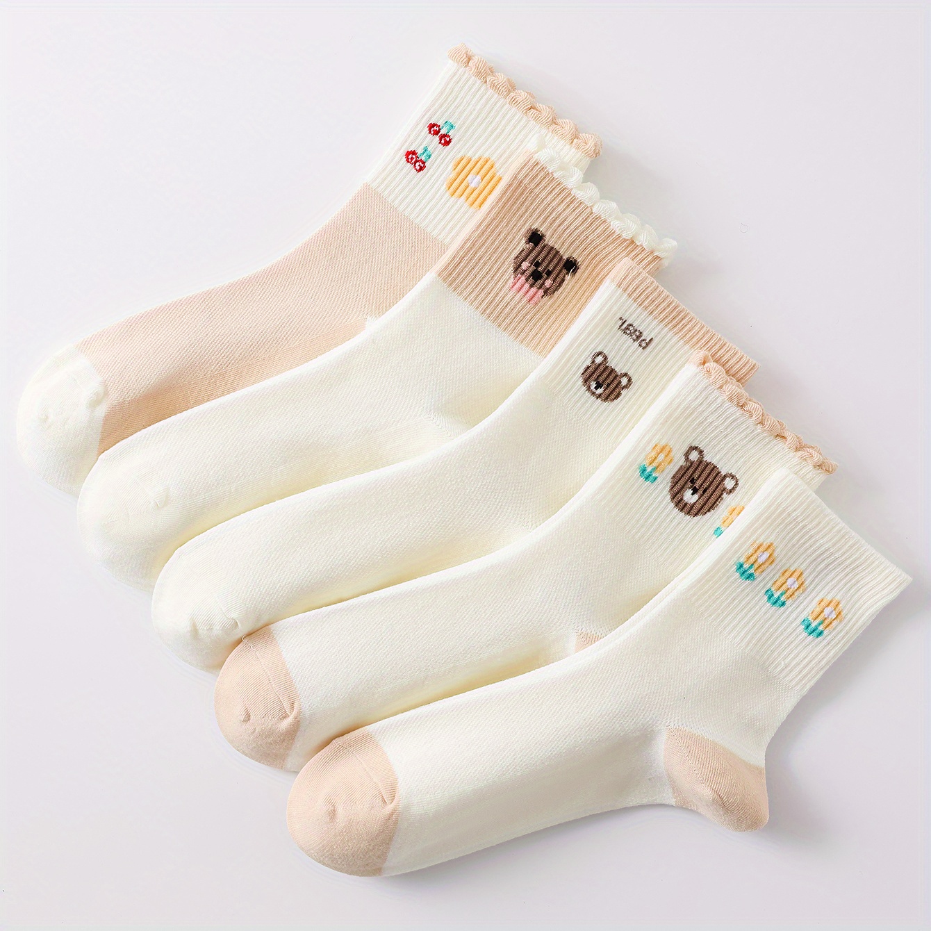 5 Pairs Bear Flower Pattern Socks Breathable Elastic Ribbed Mid Tube ...