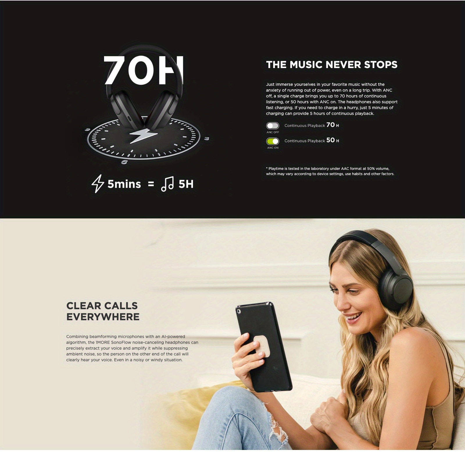 1MORE Sonoflow HC905 Wireless Bluetooth Active Noise Canceling Headphones,  Hi-Res LDAC 70H Battery, Connect 2 Devices, 5 Mic