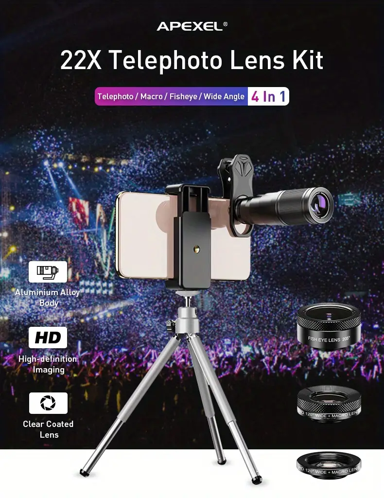 apexel optic hd kit for phone camera lens kit 4in1 telephoto zoom monocular telescope 22x lens macro wide fisheye with remote tripod details 0