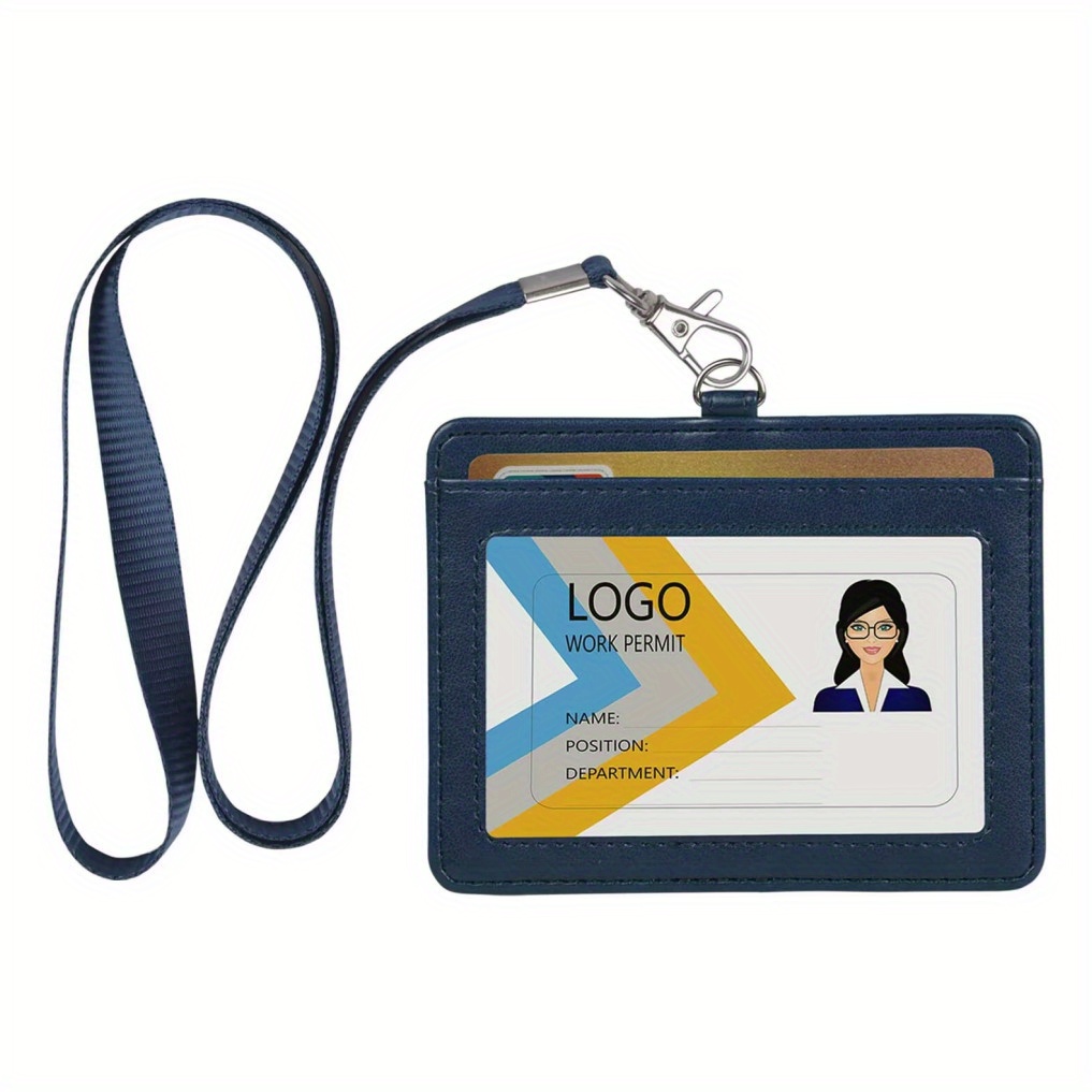 Leather ID Badge Holder, Horizontal PU Leather ID Badge Holder with 1 Clear ID Window & 1 Credit Card Slot and A Detachable Neck Lanyard,Temu