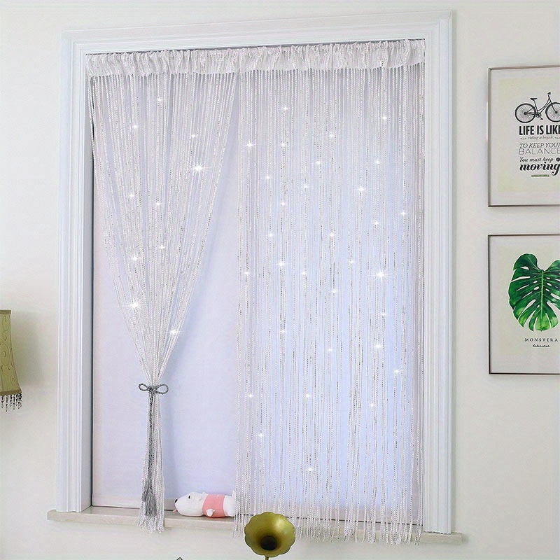 Cortina de puerta, cortina de hilo decorativa plateada, 100 x 200