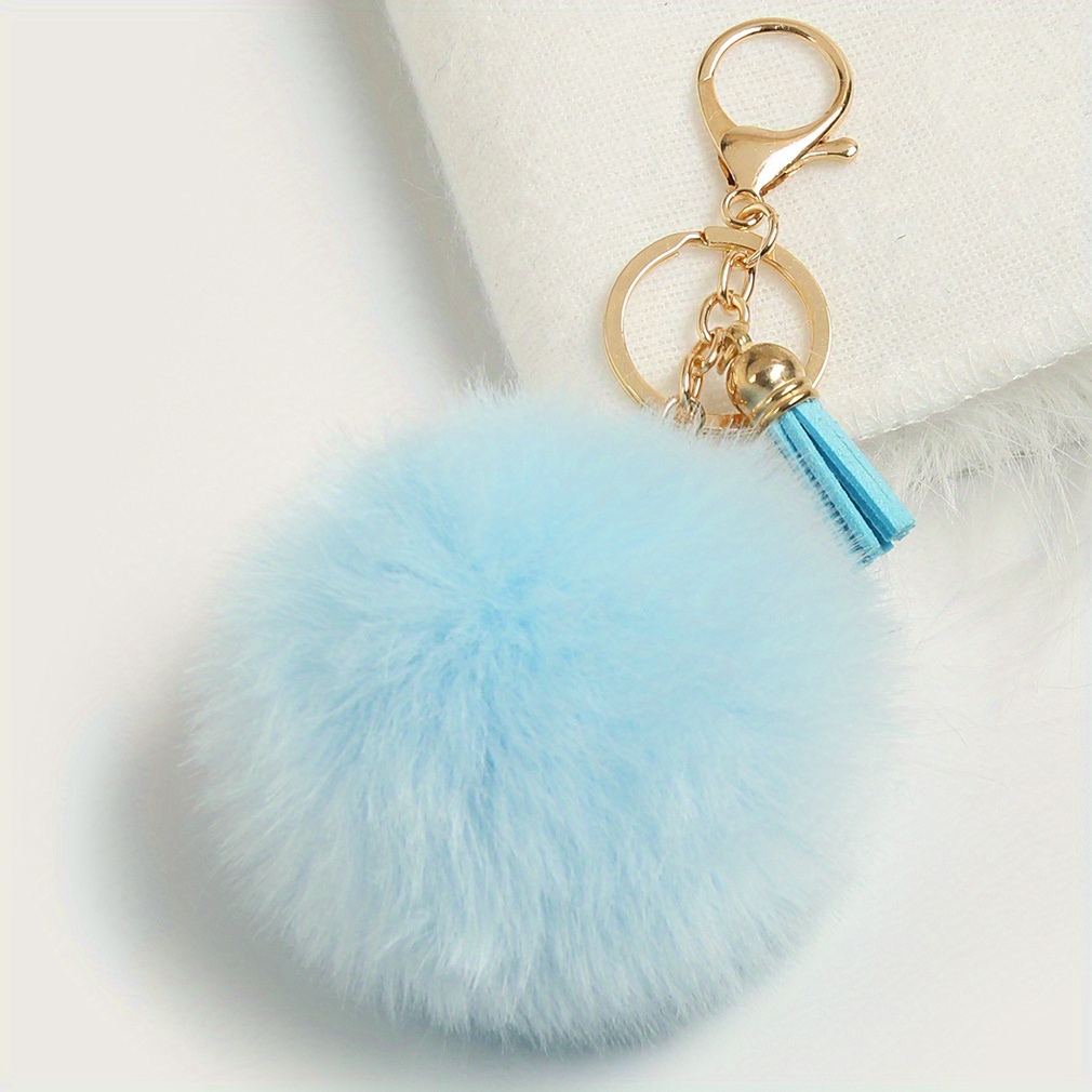 Fluffy Pom Pom Keychains Faux Rabbit Fur Pompom Silver Keyring Accessories
