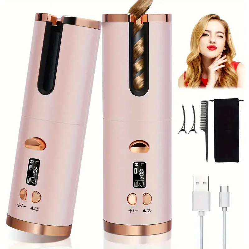 cordless automatic curling iron usb rechargeable anti tangle ceramic cylinder quick heating 5 level temperature control perfect for long hair includes gift box details 3