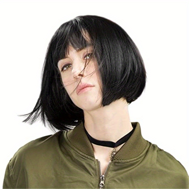 Short Bob Wig With Bangs Synthetic Hair 27.94 cm Brown with Auburn Highlights
