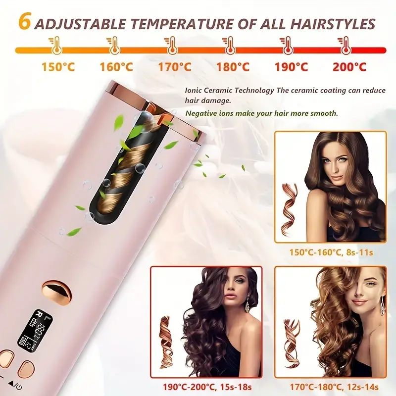 cordless automatic curling iron usb rechargeable anti tangle ceramic cylinder quick heating 5 level temperature control perfect for long hair includes gift box details 2
