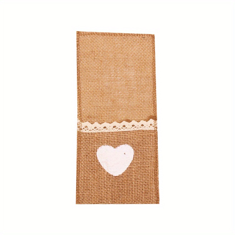 Image of Linen Heart Lace Cutlery Bags, Party Decoration Jute Utensil Bags, Pack Of 10, 11cm/4.33inch*22cm/8.66inch