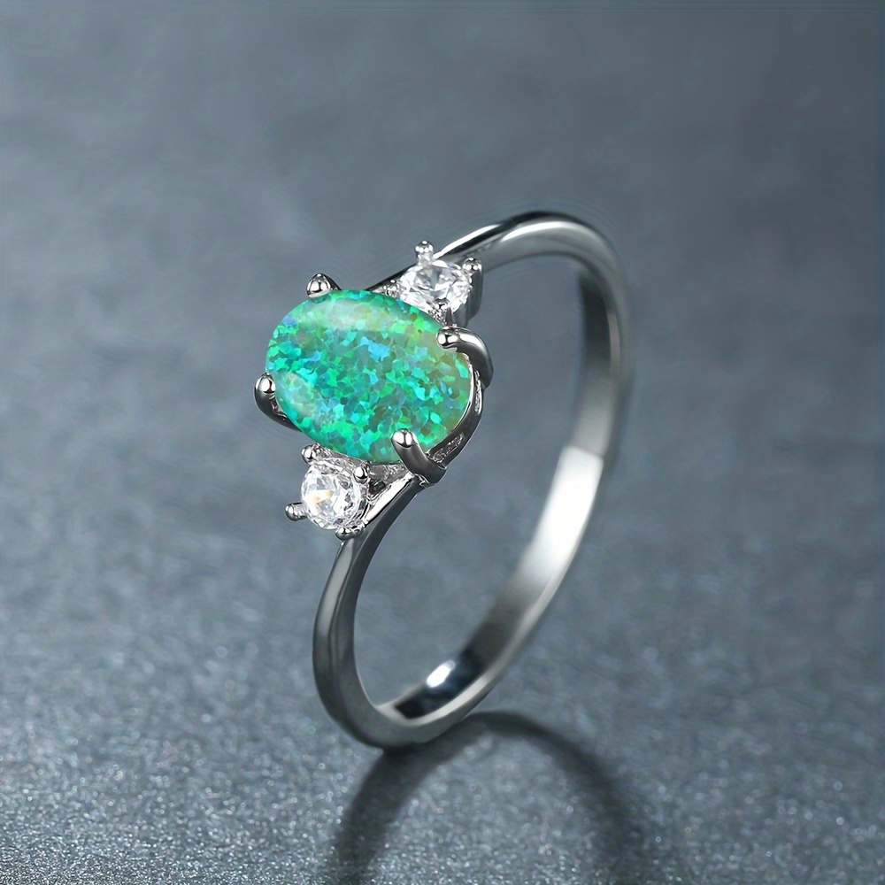 Opal Stone Engagement Ring Classic Silver Crystal Oval Wedding Ring