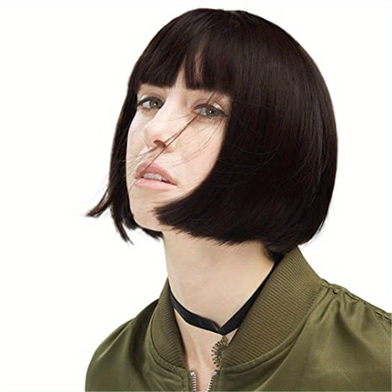 Short Bob Wig With Bangs Synthetic Hair 27.94 cm Brown with Auburn Highlights