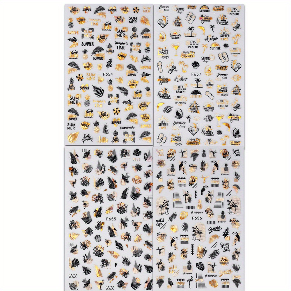 Image of 4 Sheets Golden And Black Nail Stickers Summer Leaves Of Of Sticker Leaves Nail Art Decoration Beach Fire Bird Stickers