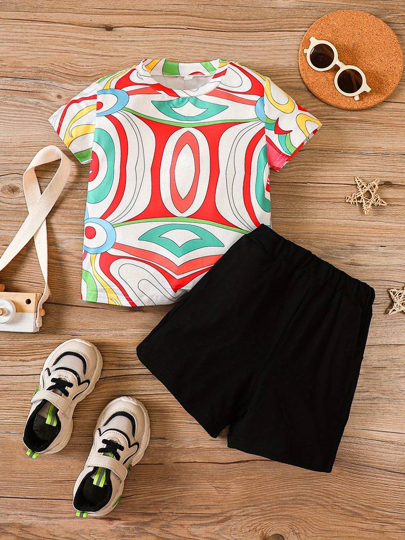 Ensemble été Enfant 2 Pièces - T-shirt Et Short Imprimé Cocotier - Pour Garçons Et Filles - Taille 110 à 160 - Idéal Plage, Sport, Quotidien