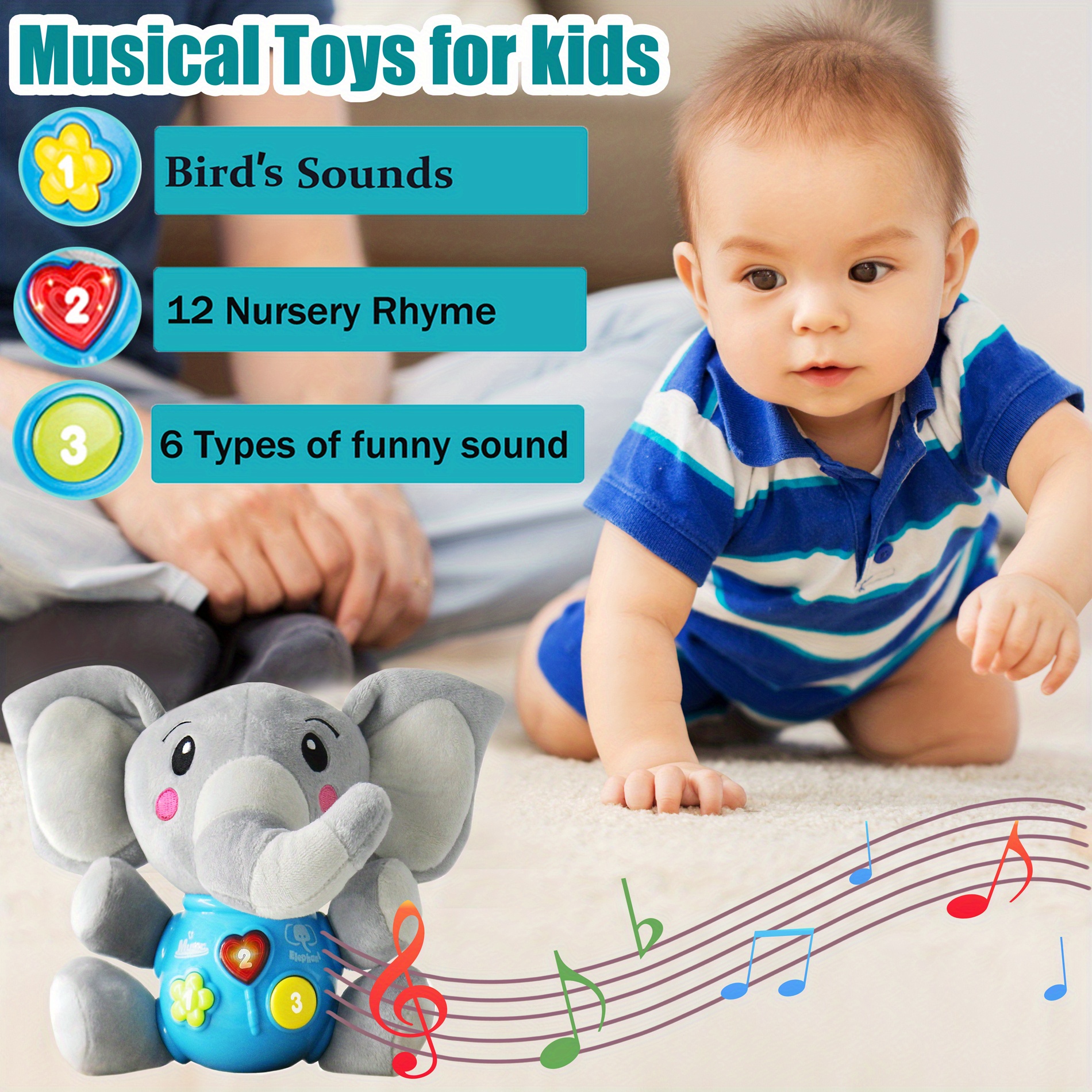  Aiduy Juguetes para bebés de 6 a 12 meses a 6 meses de edad,  elefante de peluche, juguetes musicales para bebés, juguetes iluminados  para niños y niñas de 1 año, regalo