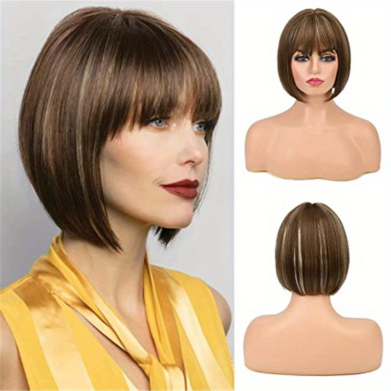 Short Bob Wig With Bangs Synthetic Hair 27.94 cm Brown with Auburn Highlights