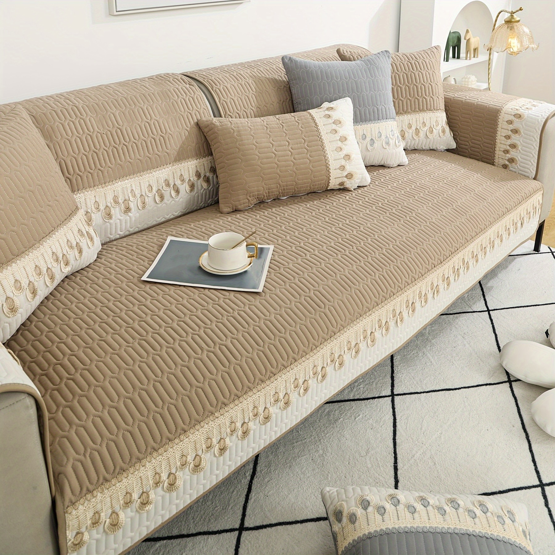 Luxurious Feather Embroidery Quilted Sofa Cover Protects And - Temu