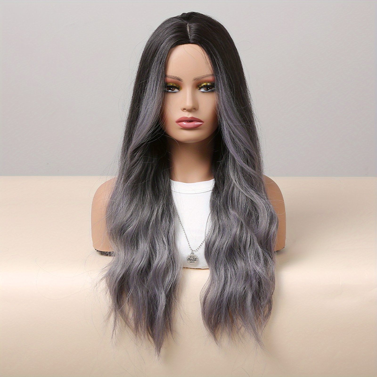 Grey Long Curly Wavy Hair Wigs Bangs Dark Roots Synthetic - Temu