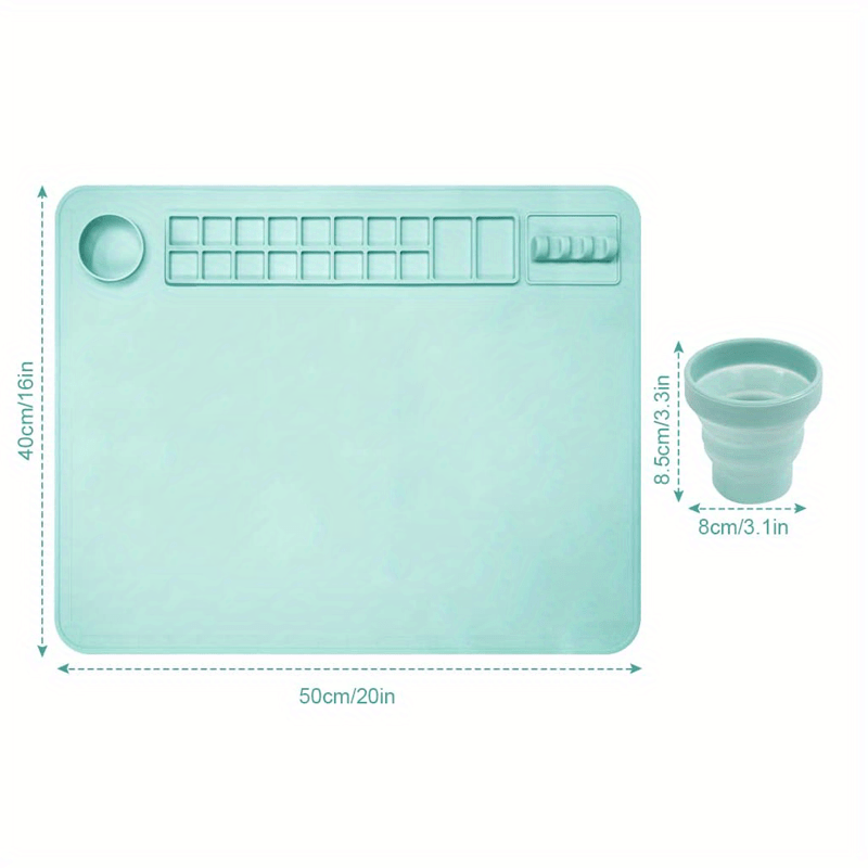 SOQKEEN Silicone Painting Mat with Detachable Cup 20x16 Silicone Craft Mat Collapsible Non-Stick Sheet for Crafting Watercolor Painting Cutting