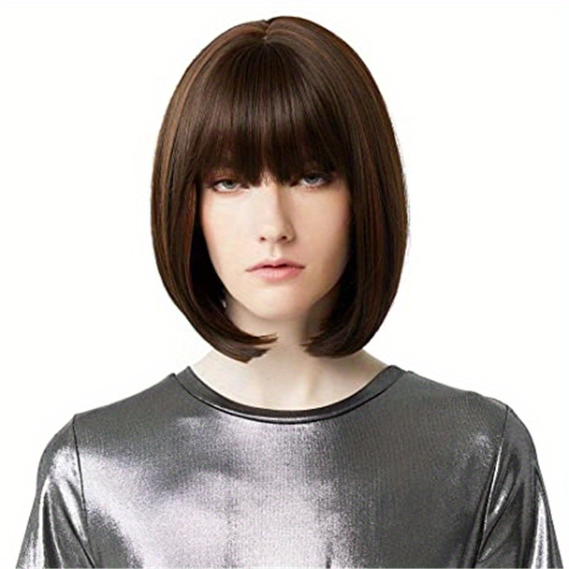Short Bob Wig With Bangs Synthetic Hair 27.94 cm Brown with Auburn Highlights