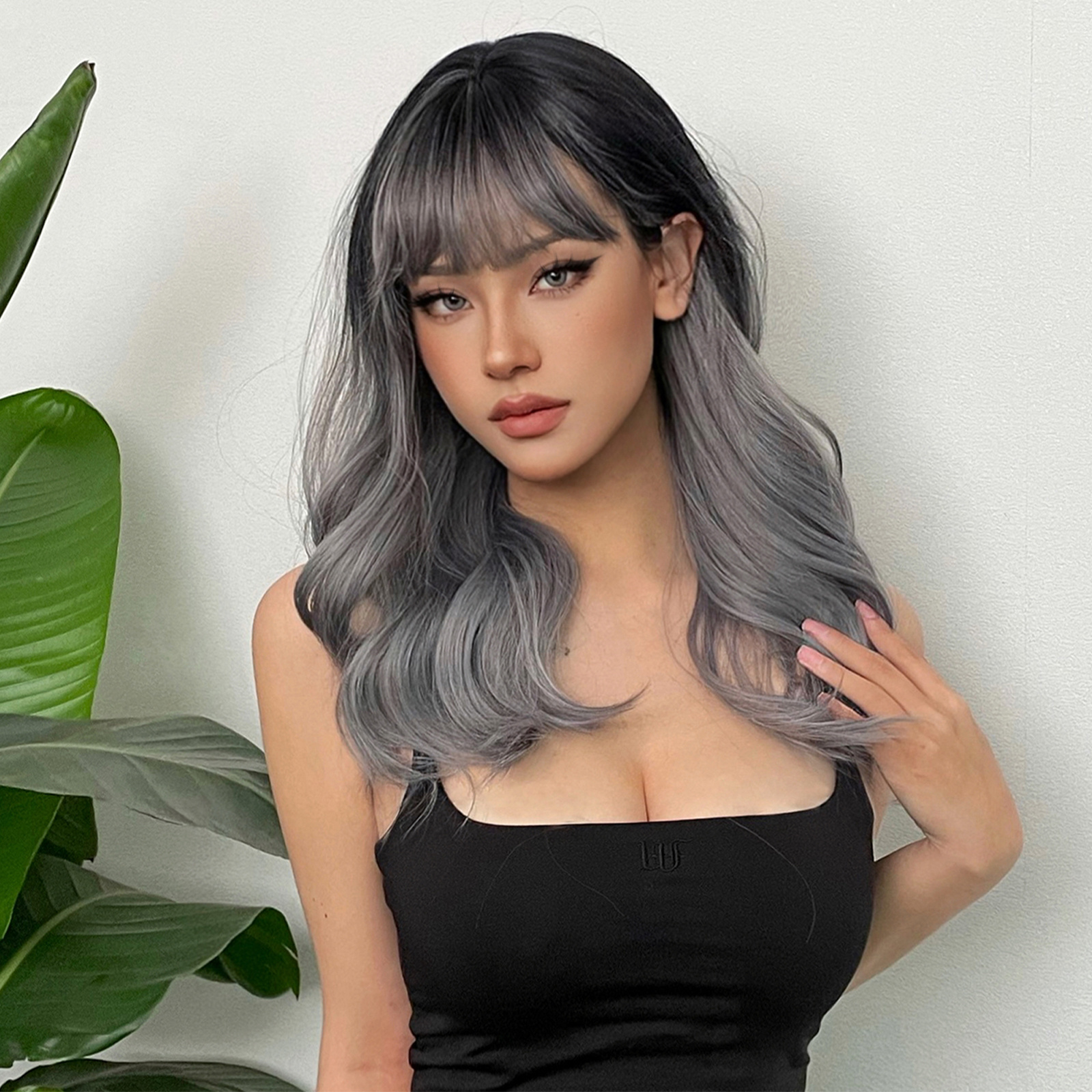 Grey 22 Inch Long Curly Wavy Hair Wigs With Bangs Dark Roots Synthetic Hair Wigs For Daily Halloween Cosplay Use